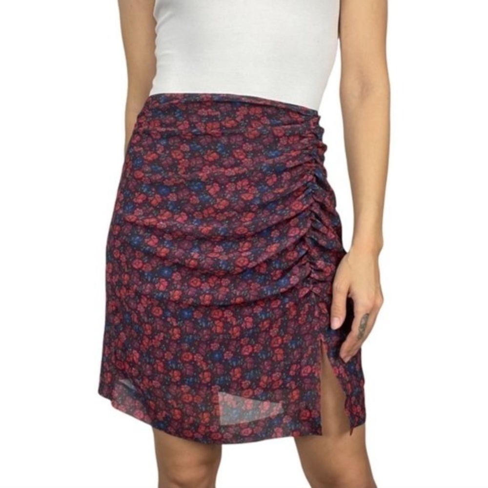 Mango Suit Draped Red Floral Print Mini Skirt w/ Slit